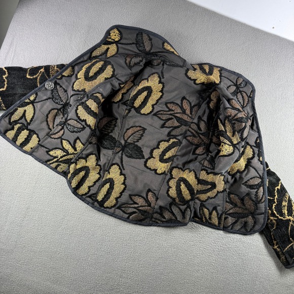 Vintage Floral Asian Jacket Women L Black Gold Carpet Velvet Tapestry Coat - Picture 6 of 8